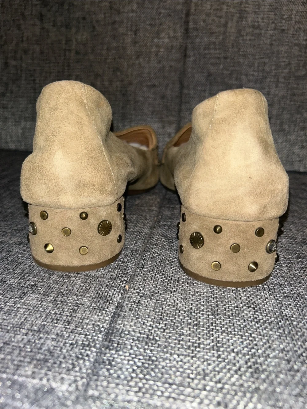 NEW-UGG ELISE -  Studded Bling Block Heel Olive Suede Penny Loafers